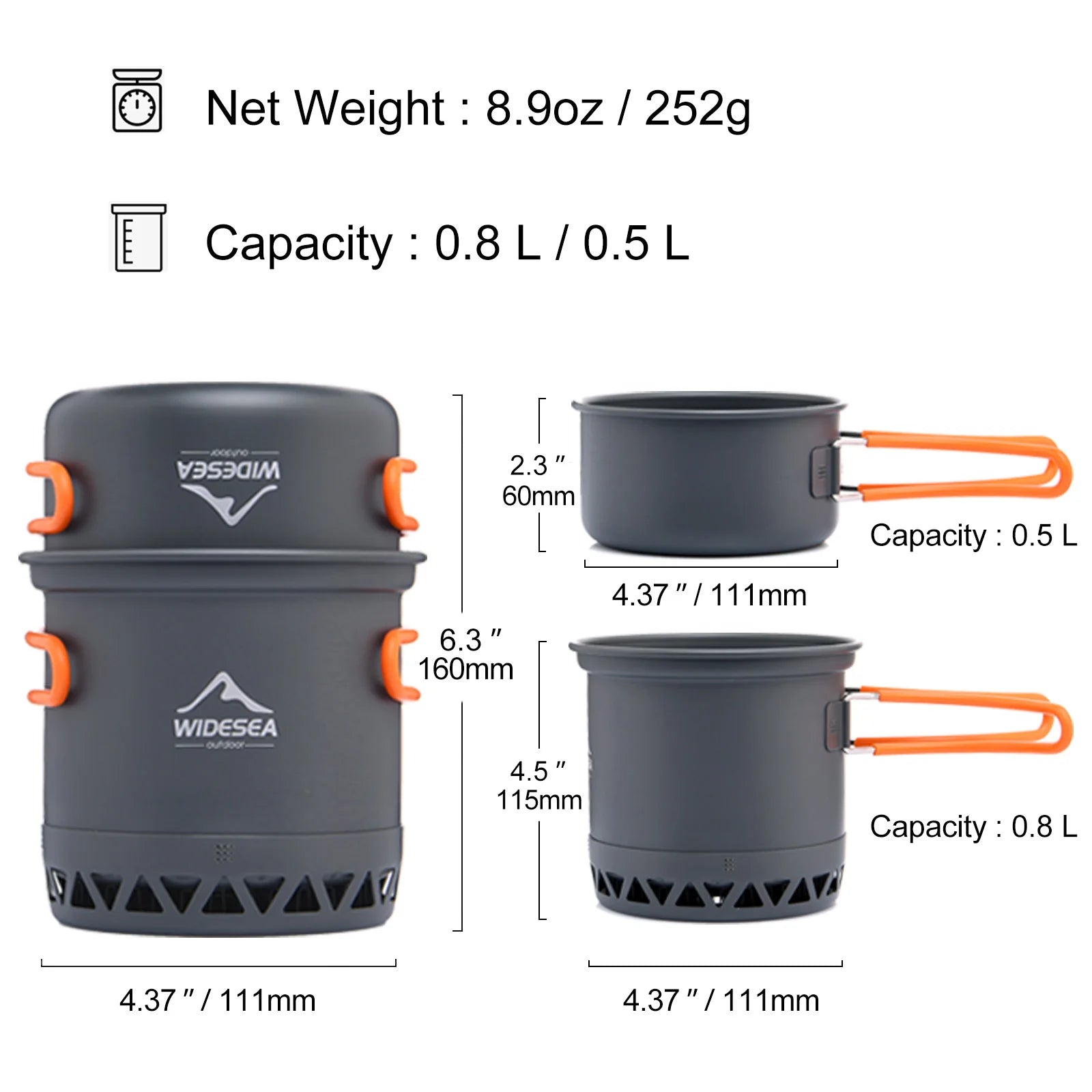 Widesea Camping Cookware Set – 1.3L & 2.3L Pots with Kettle for Outdoor Cooking